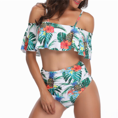 

Saidsome Women Padded Ruffles Leaves Print Beach High Waist Suit Bikini Swimwear Plus