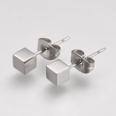 

304 Stainless Steel Ear Studs Cube Stainless Steel Color 4x4x4mm pin 07mm