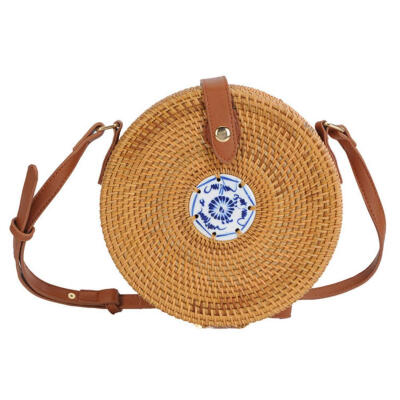 

Vintage Women Round Straw Shoulder Bags Circle Rattan Beach Messenger Bags