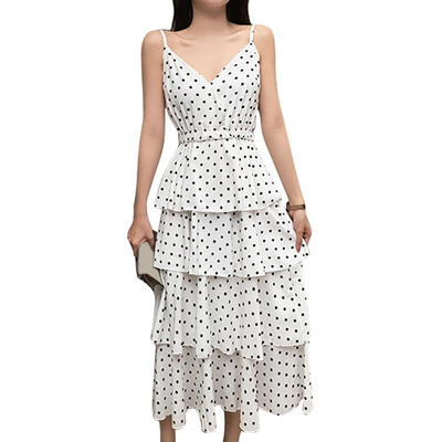 

Spaghetti Strap Dress Women Tunic V-neck Backless Sleeveless Dots Maxi