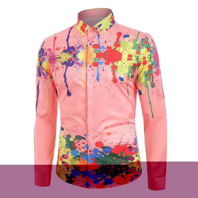 

Colorful Splatter Paint Pattern Turndown Collar Long Sleeve Shirt