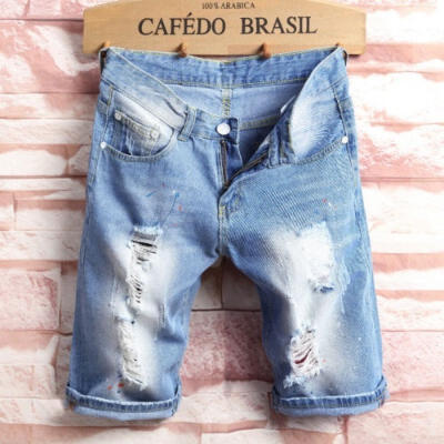 

Fashion Men Light Blue Broken Jeans Straight Slim Jeans Pants