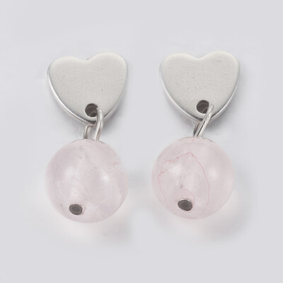 

Natural Rose Quartz Beads Ear Studs with 304 Stainless Steel Findings Heart&Round 20mm Pin 07mm