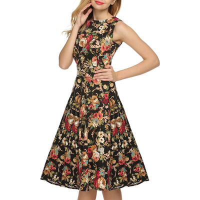 

Retro Hepburn Style Sleeveless Flower Print Dress Women Tunic Swing Dresses