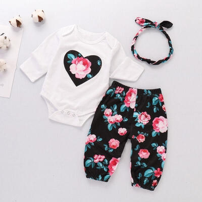 

Hot Newborn Baby Girls Cotton Top Romper Flowers Pants Headband Outfits Clothes