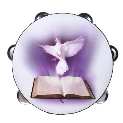 

10" Double Row Jingle Tambourine Handbell Clap Drum Percussion Instrument with Dove & Bible Pattern for Church