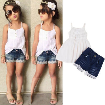 

Toddler Baby Kids Girls Vest Top Dress Lace Denim Shorts Pants Outfits Clothes