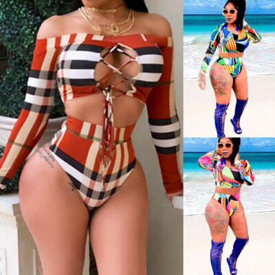 

Women High Waist Bikini Suit Long Sleeve Push-up TOP Beach Bathing Swimwear