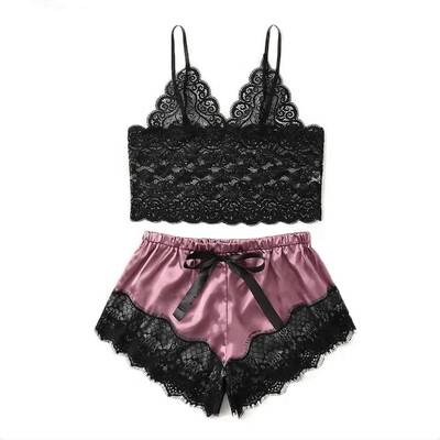

Toponeto New Women Lace Satin Wireless Bra Camisole Pajamas Sleepwear Bowknot Shorts Set
