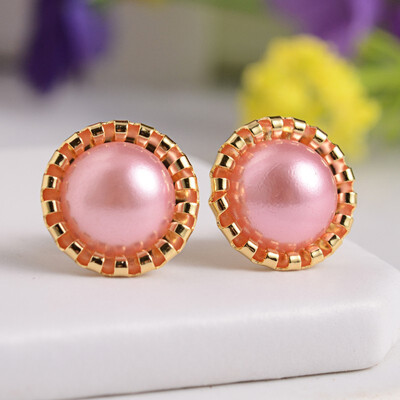 

Golden Tone Half Round 304 Stainless Steel Imitation Acrylic Pearl Stud Earrings Pink 13mm Pin 06mm