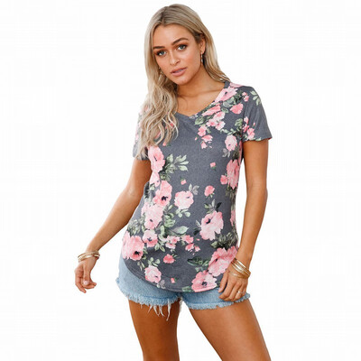 

V-neck short-sleeved floral print casual straight T-shirt top