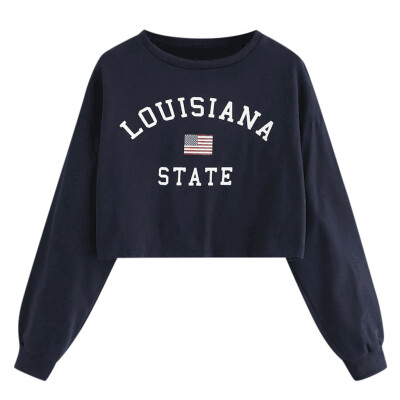 

Toponeto Womens Long Sleeve LOUISIANA Letter Print Short Crop Sweatshirt Blouse Top