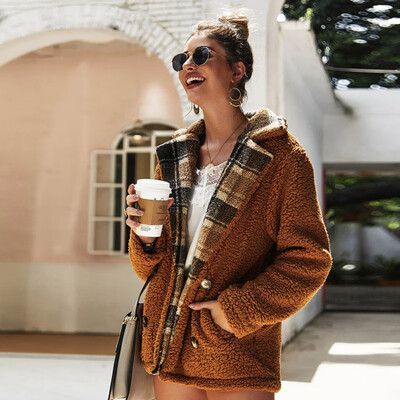 

Women Autumn Winter Loose Winter Plaid Print Button Lapel Casual Pocket Long Sleeve Warm Cashmere Wool Coat