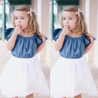 

2Pcs Kids Baby Girl Denim Tops BlouseWhite Skirt Party Tutu Clothes Set Outfits