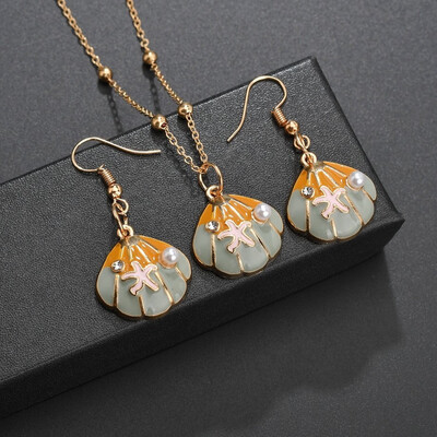 

New Women Multicolor Necklace Earrings Set Starfish Pearl Starfish Shell Pendant Necklace Beautiful Girl Accessories Gift Set