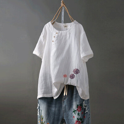 

Roseonmyhand Womens Cotton&Linen Plus Size Embroidery O-Neck Button Casual Blouse Tops