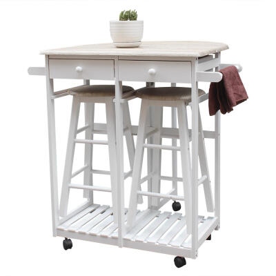 

Kitchen Island Trolley Cart 3 Piece Dining Table Set with Wood Table&Stools