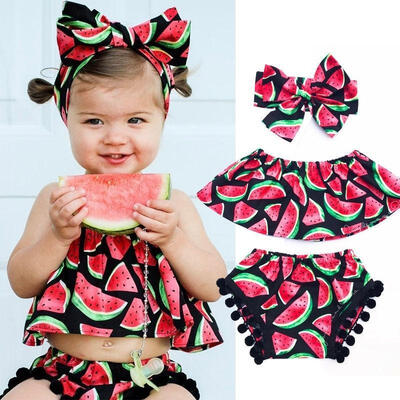 

Newborn Baby Girl Watermelon Off Shoulder T-shirt Crop Top Shorts Pants Headband 3Pce Clothing Set