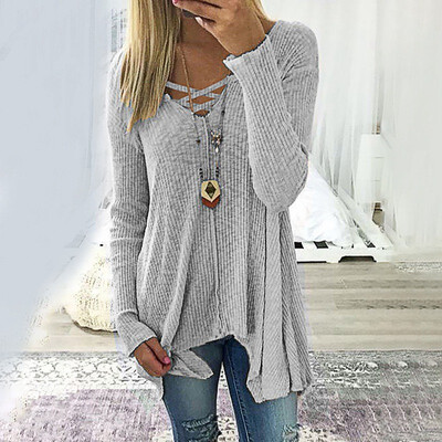 

Autumn Winter Women Casual Long Sleeve Sweaters V-neck Irregular Hem Tops Ladies Fashion Pure Color T-shirts Blouses