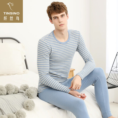 

Filament bird TINSINO thermal underwear close to men&women round neck stripes slim thick couple models autumn clothing long pants set horizontal strips sleepy blue