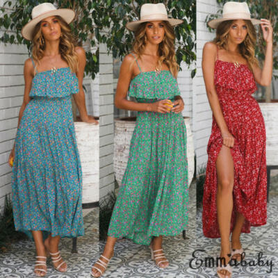 

Women Boho Floral Maxi Long Dress Summer Evening Party Beach Slit Spilt Sundress