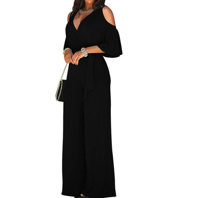 

Women Jumpsuit Short Sleeve V Neck Cold Shoulder Wide Leg Pants