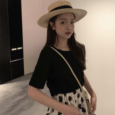 

Womens Korean Style Casual O Neck Striped Short Sleeve Slim Crop Top Knitted T-Shirt