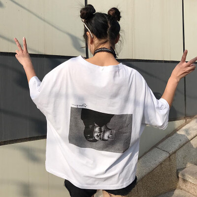 

Back Printed Women Short Sleeve T-Shirt O Neck Letter Simple Casual White T-Shirt Loose Korean Tshirt camiseta mujer