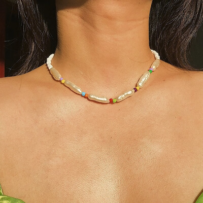 

Fashion Colorful Bead Cowrie Shell Choker Necklace for Women Long Chain Pendant Necklace Gold Color Statement Collier Jewelry