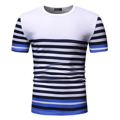 

Toponeto Mens Striped Splicing Pattern Casual Fashion Lapel Short Sleeve Shirt