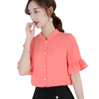 

Womens Solid Stand Collar Casual Loose Short Butterfly Sleeve Ruffles Chiffon Blouse