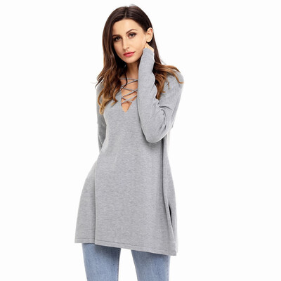 

V-neck cross strap long-sleeved side slit warm casual knit sweater