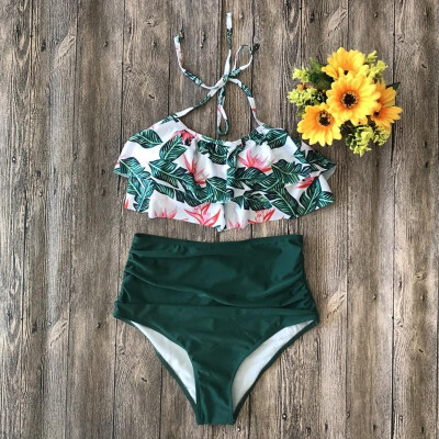 

Women Two Piece Bikini Set Solid Polka Dot Floral Print Halter Neckline Ruffle High Waist Sexy Bathing Suit