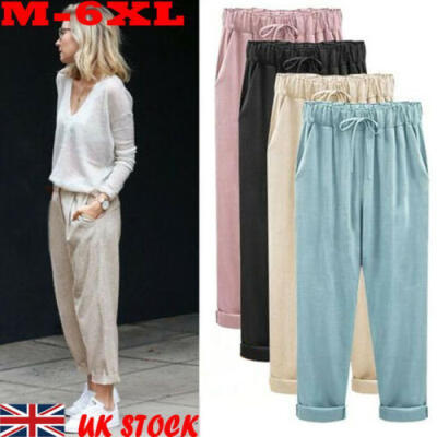 

UK Womens Elastic High Waist Cotton Linen Harem Beach Pants Trousers Plus Size