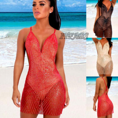 

Women Summer Sequins Mesh Bikini Cover Up Tops Swimwear Bathing Suit Beach Dress