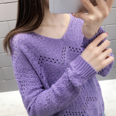 

Gobestart Women Casual Knitting V-Neck Tops Long Sleeve Bottoming Hollowed Out Sweater