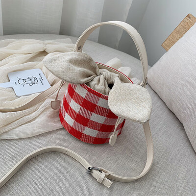 

Summer canvas small bag net red bowknot bucket hand-held womens bag new style2019 young girls smitage bag tide