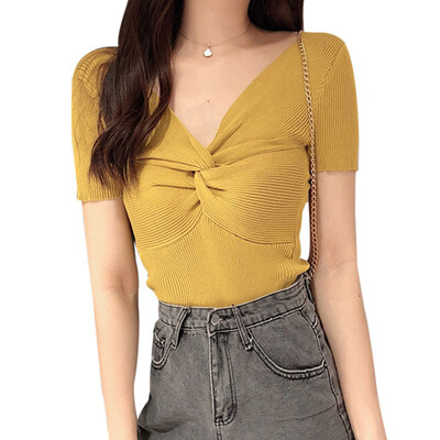 

Summer Female Harajuku T-shirt Sexy V Neck Solid Short Sleeve tshirt Knitted t shirt Women with Knot