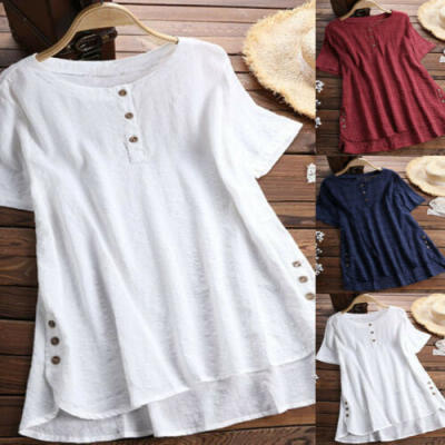 

US Women Plus Size Summer Blouse Tunic Holiday Ladies Cotton Linen T-shirt Tops