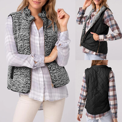 

Roseonmyhand Women Casual Solid Sleeveless Outerwear Plush Zipper Pocket Reversible Vest Coat
