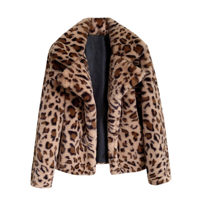 

Toponeto Women Fashion Autumn And Winter Leopard Print Loose Short Windbreaker Lamb Coat