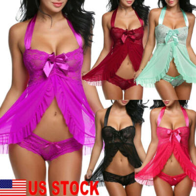 

US Women Ladies Sexy Lingerie Lace Dress Underwear Babydoll Sleepwear G-string