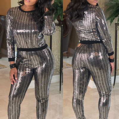 

Toponeto Women Casual Sexy Sequins Set Long Sleeve Crop Tops Pants