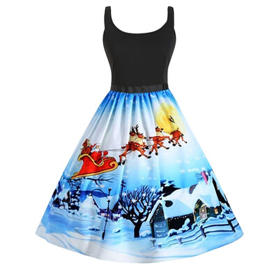 

Tailored Women Cold Shoulder Christmas Santa Claus Elk Print Vintage Party Dress