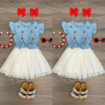 

Summer Kids Baby Girls Denim Floral Princess Dress Sleeveless Tutu Skirt Clothes