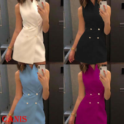 

Womens Dresses Summer Sleeveless Button Solid Dress Casual Formal Mini Dress