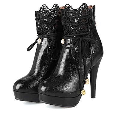 

IDIFU Womens Sexy Lace Splicing Bow Stiletto High Heel Platform Short Boots Round Toe Back Zipper Ankle Booties
