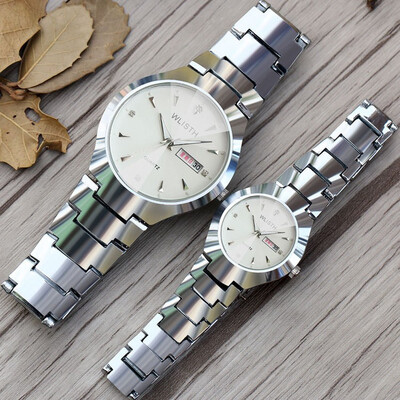 

2 PCS watches for man&woman steel band date week quartz luxury couples lovers watch coffee gold fashion clock gift