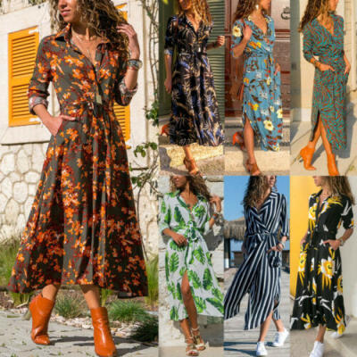 

Women Spring Autumn Casual V Neck Long Sleeve Loose Boho Long Maxi Shirt Dress