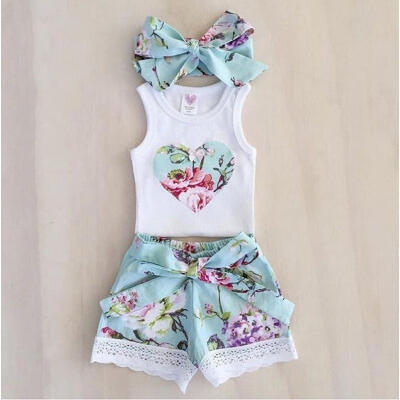 

3Pcs Toddler Baby Girl Clothes Tops Floral Vest Lace Shorts Pants Outfits Set